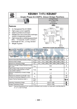 KBU802 datasheet - Single Phase 8.0 AMPS. Silicon Bridge Rectifiers