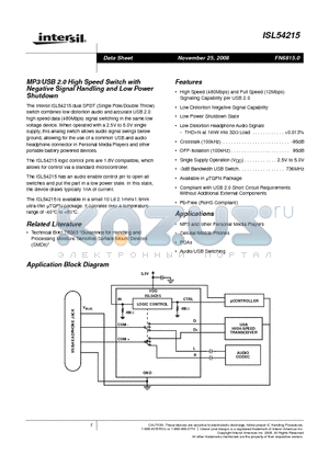 ISL54215IRUZ-T datasheet - MP3/USB 2.0 High Speed Switch with Negative Signal Handling and Low Power Shutdown