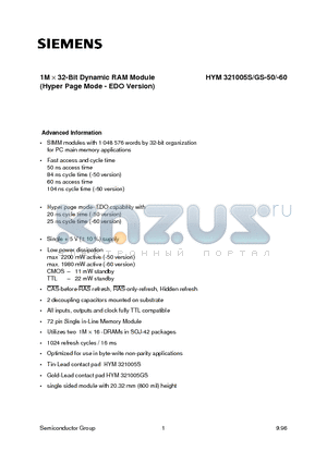 Q67100-Q2063 datasheet - 1M x 32-Bit Dynamic RAM Module