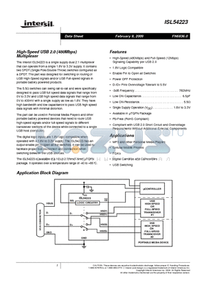 ISL54223IRUZ-T datasheet - High-Speed USB 2.0 (480Mbps) Multiplexer