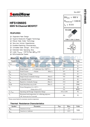 HFS10N60S datasheet - 600V N-Channel MOSFET