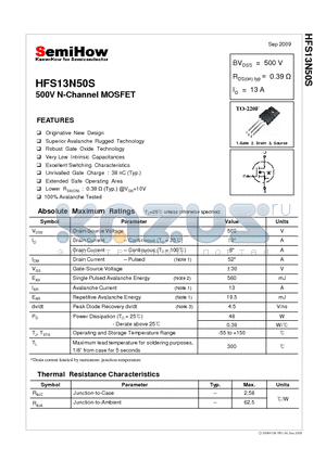 HFS13N50S datasheet - 500V N-Channel MOSFET