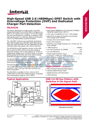 ISL54226IRUZ-T7A datasheet - High-Speed USB 2.0 (480Mbps) DPST Switch with Overvoltage Protection (OVP) and Dedicated Charger Port Detection