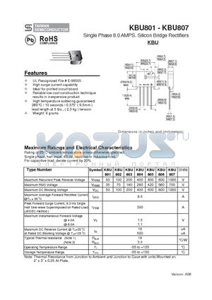 KBU805 datasheet - Single Phase 8.0 AMPS. Silicon Bridge Rectifiers