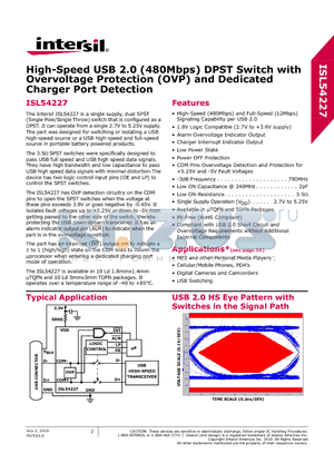 ISL54227 datasheet - High-Speed USB 2.0 (480Mbps) DPST Switch with Overvoltage Protection (OVP) and Dedicated Charger Port Detection