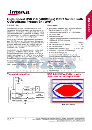 ISL54228 datasheet - High-Speed USB 2.0 (480Mbps) DPST Switch with Overvoltage Protection (OVP)