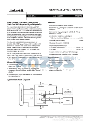 ISL54400IRZ datasheet - Low Voltage, Dual SPDT, USB/Audio Switches with Negative Signal Capability