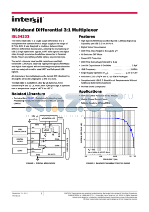 ISL54233IRTZ datasheet - Wideband Differential 3:1 Multiplexer