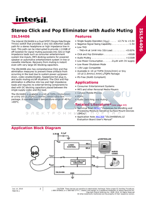 ISL54406IRTZ datasheet - Stereo Click and Pop Eliminator with Audio Muting