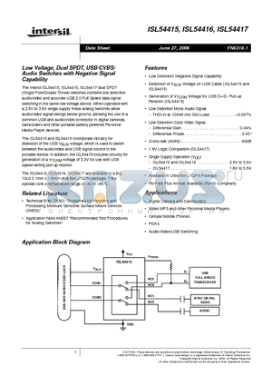 ISL54415 datasheet - Low Voltage, Dual SPDT, USB/CVBS/ Audio Switches with Negative Signal Capability