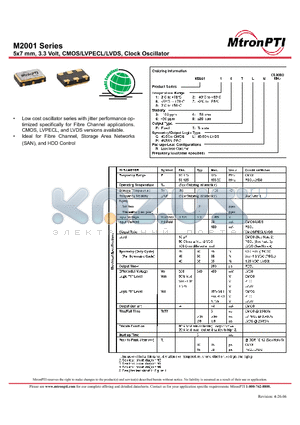 M2001 datasheet - 5x7 mm, 3.3 Volt, CMOS/LVPECL/LVDS, Clock Oscillator