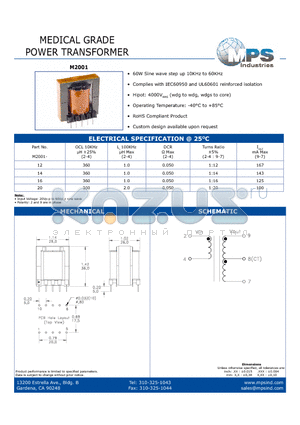 M2001 datasheet - MEDICAL GRADE POWER TRANSFORMER