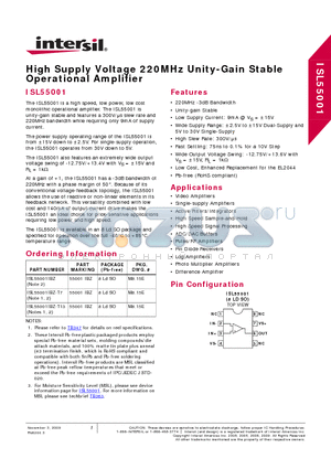 ISL55001 datasheet - High Supply Voltage 220MHz Unity-Gain Stable Operational Amplifier