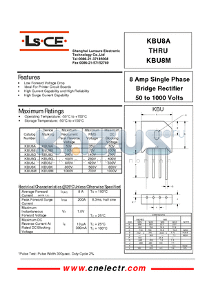 KBU8A datasheet - 8Amp single phase bridge rectifier 50to1000 volts