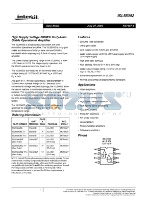 ISL55002IB-T13 datasheet - High Supply Voltage 200MHz Unity-Gain Stable Operational Amplifier