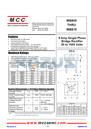 MB88 datasheet - 8 Amp Single Phase Bridge Rectifier 50 to 1000 Volts