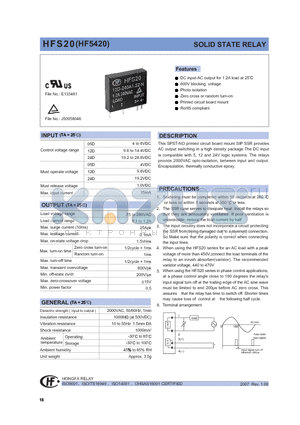 HFS20 datasheet - SOLID STATE RELAY