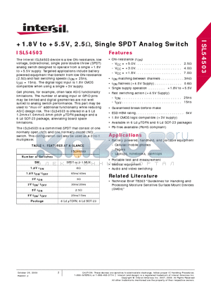 ISL54503IRUZ-T datasheet - 1.8V to 5.5V, 2.5OHM, Single SPDT Analog Switch
