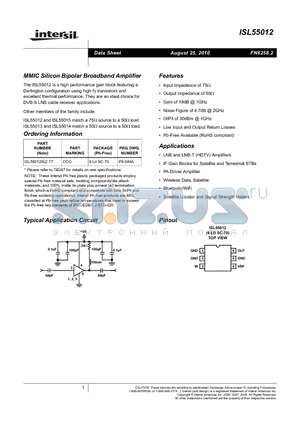 ISL55012IEZ-T7 datasheet - MMIC Silicon Bipolar Broadband Amplifier