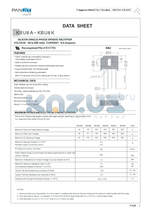 KBU8G datasheet - SILICON SINGLE-PHASE BRIDGE RECTIFIER(VOLTAGE - 50 to 800 Volts CURRENT - 8.0 Amperes)