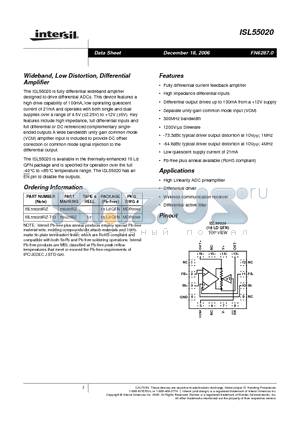 ISL55020IRZ datasheet - Wideband, Low Distortion, Differential Amplifier