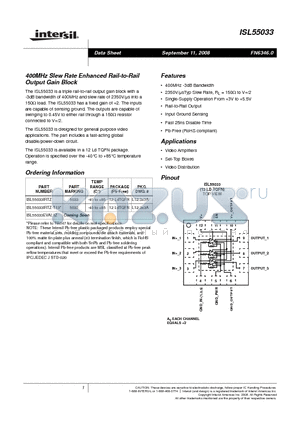 ISL55033IRTZ-T13 datasheet - 400MHz Slew Rate Enhanced Rail-to-Rail Output Gain Block