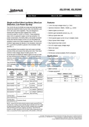ISL55190EVAL1Z datasheet - Single and Dual Ultra-Low Noise, Ultra-Low Distortion, Low Power Op Amp