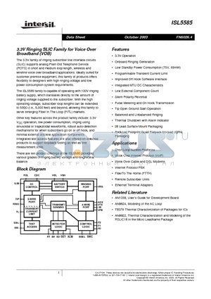 ISL5585 datasheet - 3.3V Ringing SLIC Family for Voice Over Broadband VOB