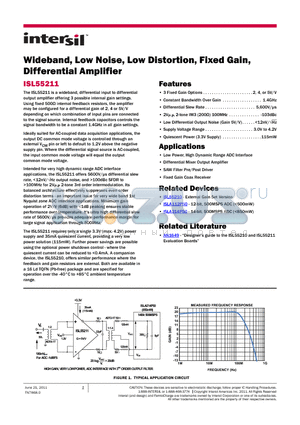 ISL55211IRTZ datasheet - Wideband, Low Noise, Low Distortion, Fixed Gain, Differential Amplifier