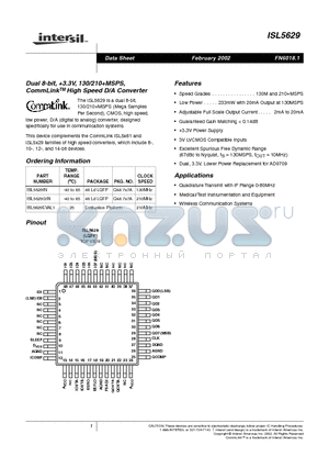 ISL5629EVAL1 datasheet - Dual 8-bit, 3.3V, 130/210MSPS, CommLink TM High Speed D/A Converter