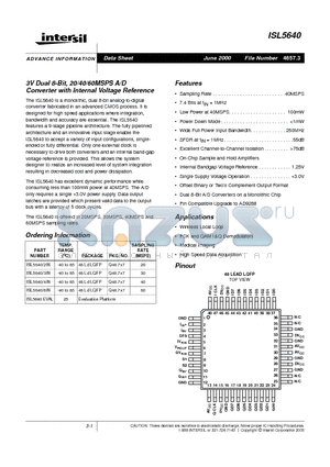 ISL5640EVAL datasheet - 3V Dual 8-Bit, 20/40/60MSPS A/D Converter with Internal Voltage Reference