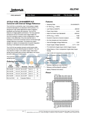 ISL5740EVAL datasheet - 3V Dual 10-Bit, 20/40/60MSPS A/D Converter with Internal Voltage Reference
