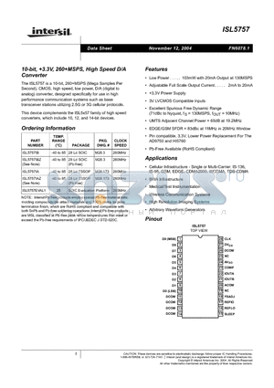 ISL5757IB datasheet - 10-bit, 3.3V, 260MSPS, High Speed D/A Converter
