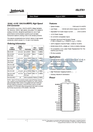 ISL5761IA datasheet - 10-bit, 3.3V, 130/210MSPS, High Speed D/A Converter