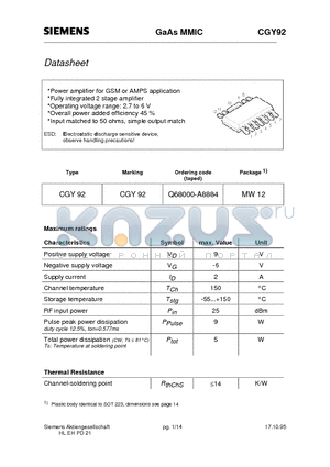 Q68000-A8884 datasheet - GaAs MMIC (Power amplifier for GSM or AMPS application Fully integrated 2 stage amplifier)