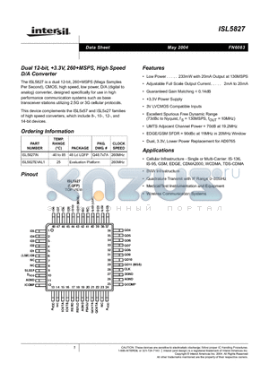 ISL5827EVAL1 datasheet - Dual 12-bit, 3.3V, 260MSPS, High Speed D/A Converter