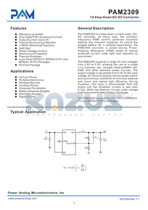 PAM2309 datasheet - 1A Step-Down DC-DC Converter