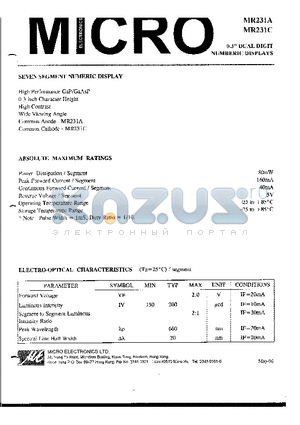 MR231A datasheet - 0.3 DUAL DIGIT NUMBERIC DISPLAYS