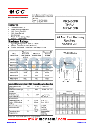 MR2400FR datasheet - 24 Amp Fast Recovery Rectifiers 50-1000 Volt