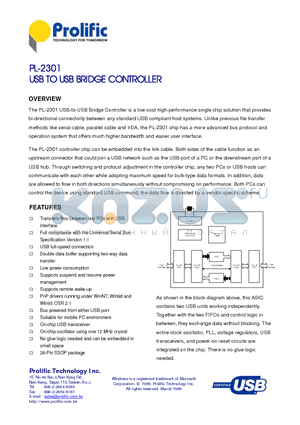 PL-2301 datasheet - USB TO USB BRIDGE CONTROLLER