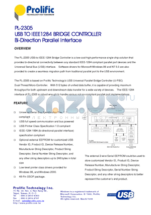 PL-2305 datasheet - USB TO IEEE1284 BRIDGE CONTROLLER Bi-Direction Parallel Interface
