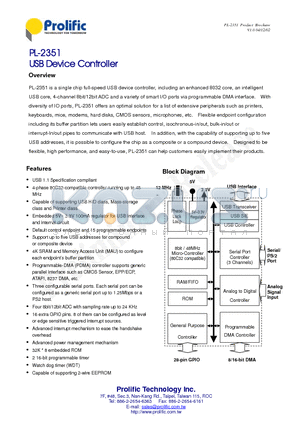 PL-2351 datasheet - USB Device Controller