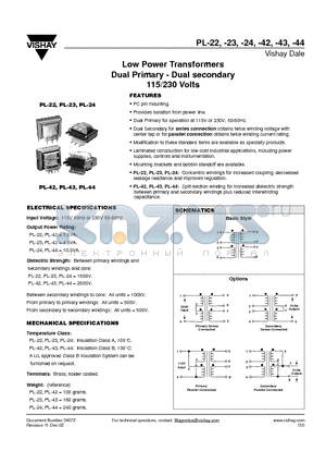 PL-24 datasheet - Low Power Transformers Dual Primary - Dual secondary 115/230 Volts