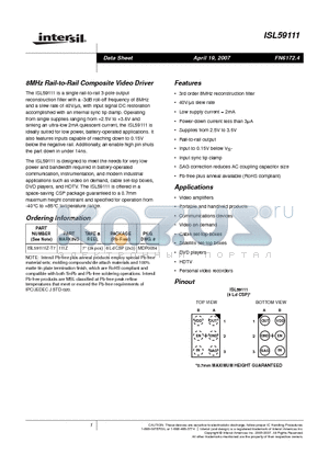 ISL59111 datasheet - 8MHz Rail-to-Rail Composite Video Driver