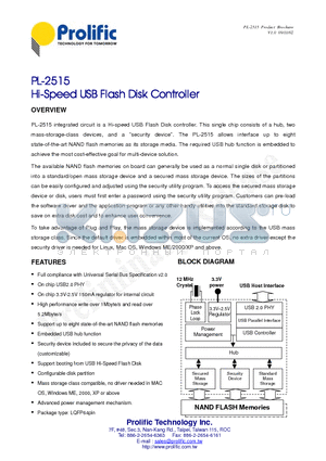 PL-2515 datasheet - Hi-Speed USB Flash Disk Controller