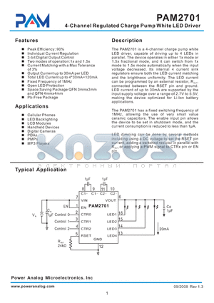 PAM2701 datasheet - 4-Channel Regulated Charge Pump White LED Driver