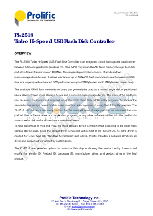 PL-2518 datasheet - Turbo Hi-Speed USB Flash Disk Controller