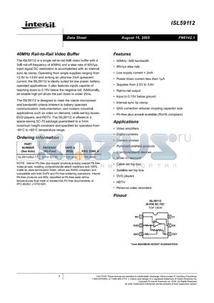 ISL59112 datasheet - 40MHz Rail-to-Rail Video Buffer