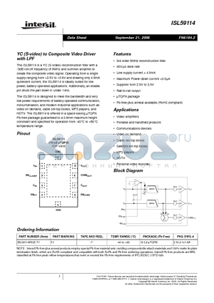 ISL59114 datasheet - YC (S-video) to Composite Video Driver with LPF