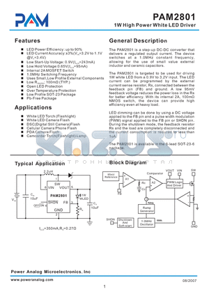 PAM2801FBAF095 datasheet - 1W High Power White LED Driver